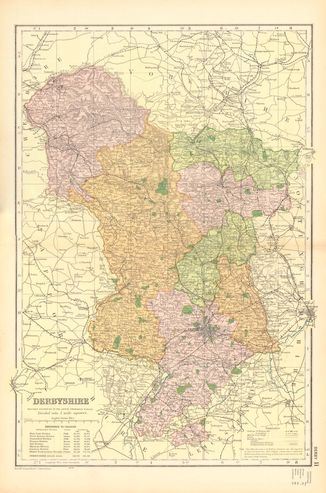 DERBYSHIRE. Showing Parliamentary divisions, boroughs & parks. BACON 1904 map